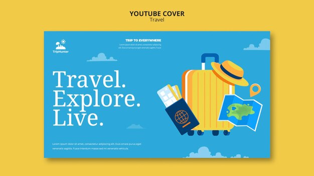 Modelo de capa do youtube de viagens de design plano