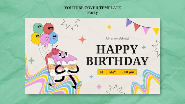 PSD grátis modelo de capa do youtube para festa de aniversário desenhada à mão