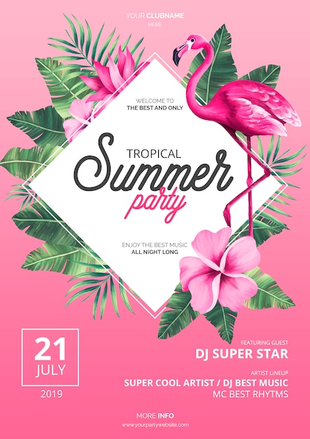 Modelo de cartaz de festa de verão tropical com Flamingo rosa