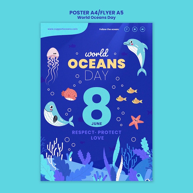 PSD grátis modelo de cartaz do dia mundial do oceano