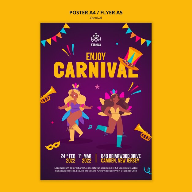 Modelo de design plano de cartaz ou folheto de carnaval