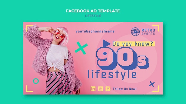 PSD grátis modelo de facebook de festa dos anos 90 de design plano