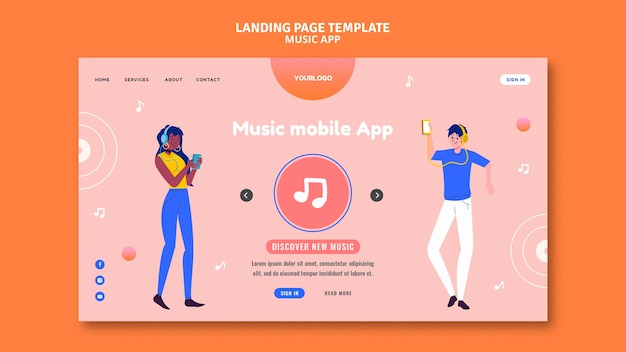 PSD grátis modelo de página de destino do aplicativo de música para celular