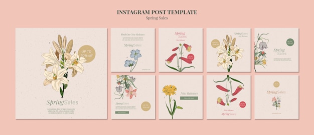 PSD grátis modelo de postagens do instagram de venda de primavera desenhadas à mão