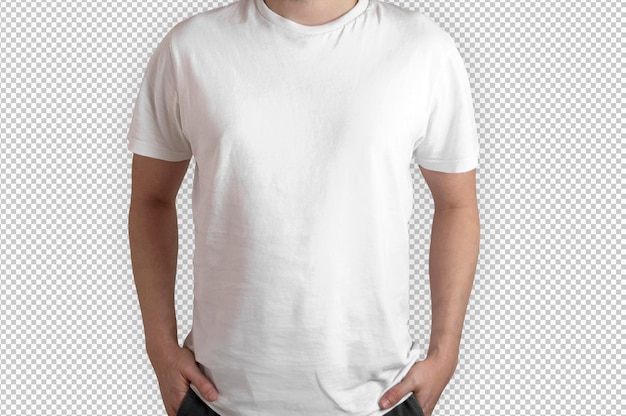 Modelo frontal isolado vestindo camiseta branca