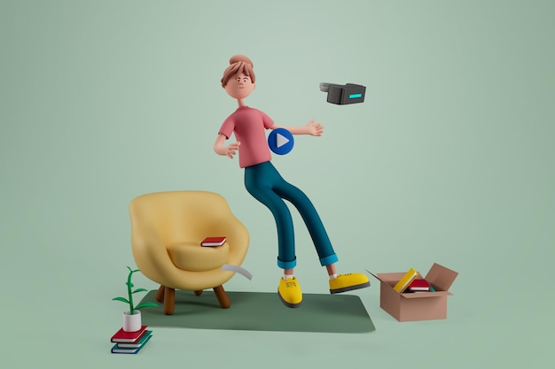 PSD grátis mulher com óculos de realidade virtual e livros na sala de estar na ilustração 3d de fundo isolado personagens de desenhos animados