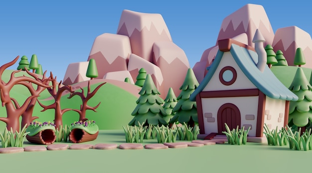 paisagem 3d com elementos de conto de fadas