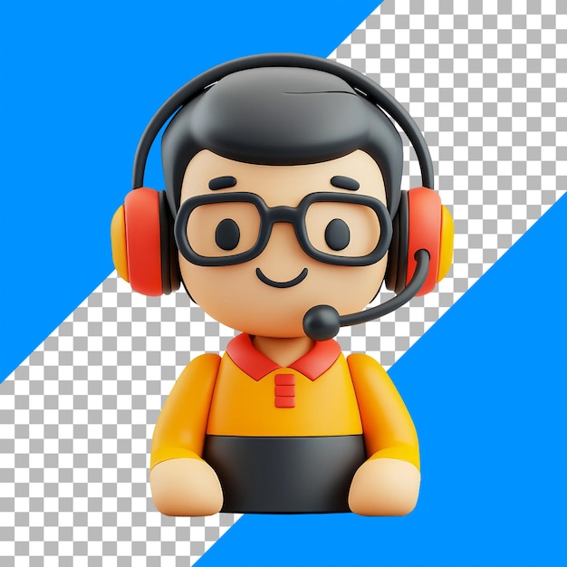 PSD grátis personagem 3d com óculos de fone de ouvido em fundo azul e transparente