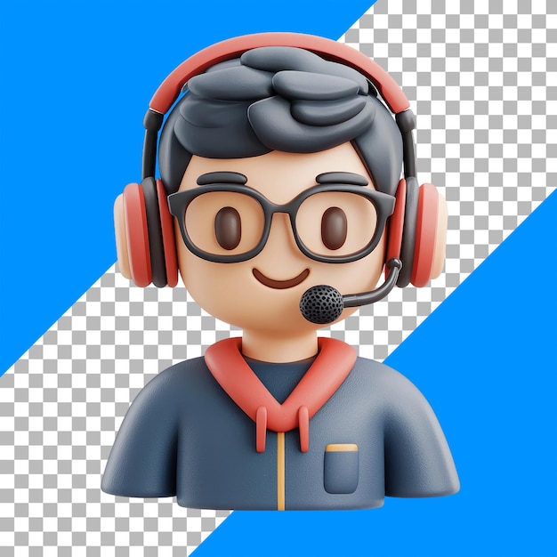 PSD grátis personagem de desenho animado 3d com fone de ouvido e óculos em fundo de xadrez