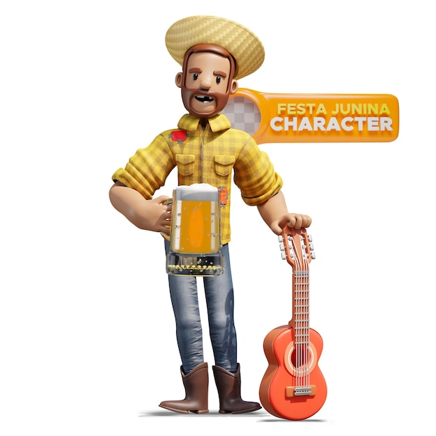 PSD grátis personagem de festa junina com ilustração 3d de cerveja e guitarra