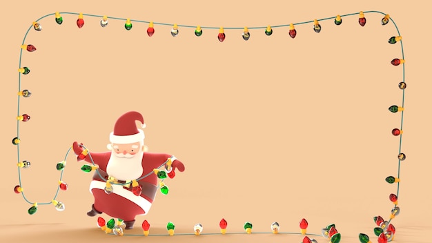 Plano de fundo 3D de Natal com Papai Noel emaranhado de luzes