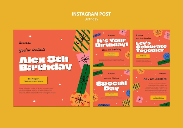 PSD grátis postagens de instagram de festa de aniversário de design plano