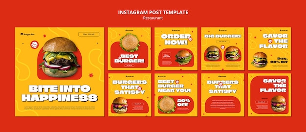 PSD grátis postagens de instagram de restaurante de comida deliciosa de design plano