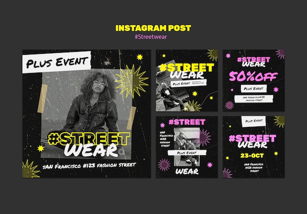 PSD grátis postagens do instagram de coleção de streetwear de design plano