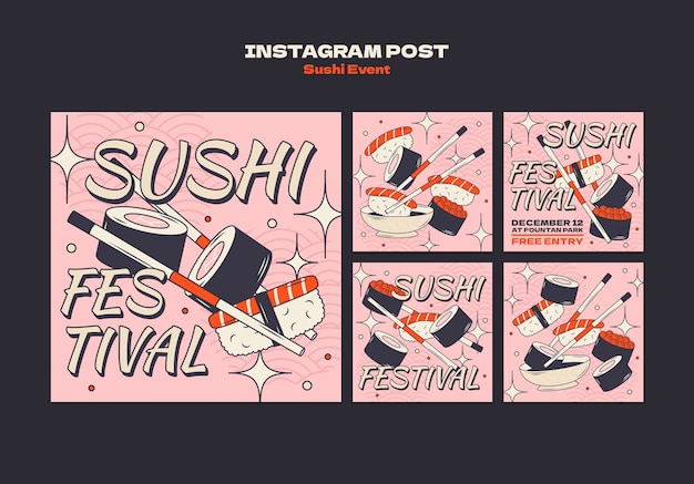 PSD grátis postagens do instagram de eventos de sushi desenhados à mão