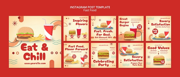 PSD grátis posts de instagram de fast food deliciosos desenhados à mão