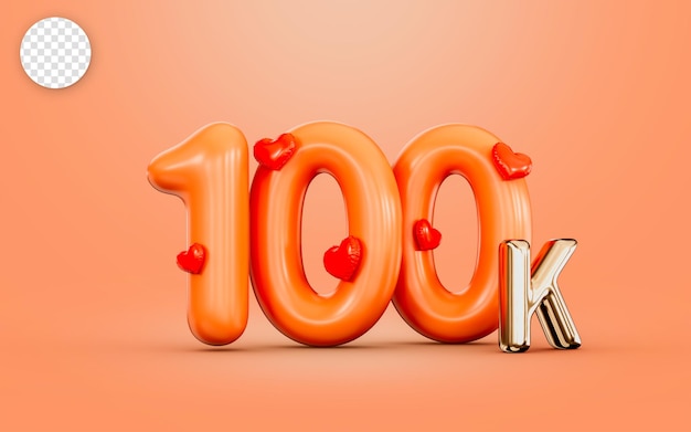 PSD 100k seguidor celebração cor laranja número com ícone de amor 3d render conceito para banner social