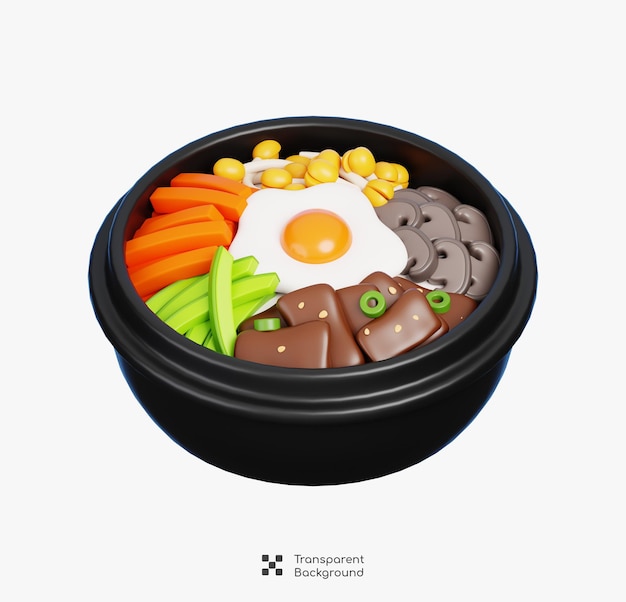 PSD 3d bibimbap estilo coreano de vegetais mistos e arroz de carne isolado ícone de comida gourmet renderização 3d