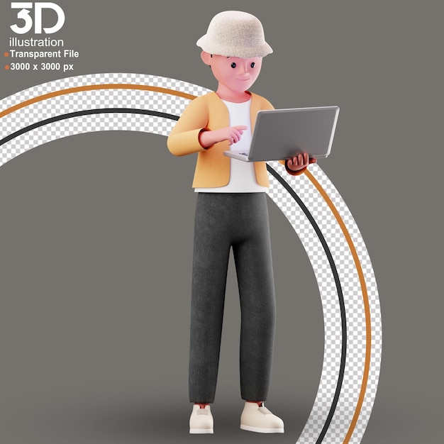 3D-Charakter mit Laptop-3D-Render-Illustration auf isoliertem Hintergrund im PNG-Stil