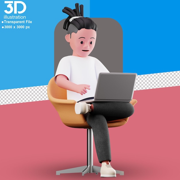 3D-Charakter sitzt und benutzt Laptop 3D-Illustration auf isoliertem Hintergrund PNG