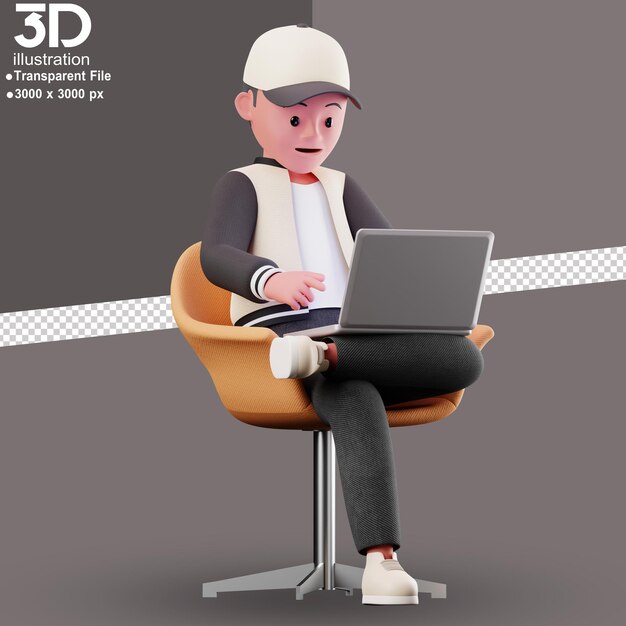 3D-Charakter sitzt und benutzt Laptop 3D-Render-Illustration auf isoliertem Hintergrund im PNG-Stil