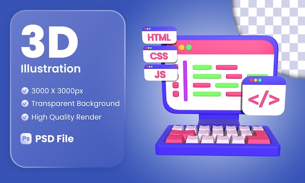 PSD 3d-darstellung des programmierer-pc-arbeitsbereichs