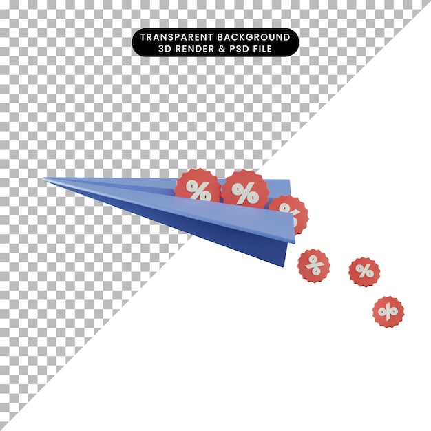 PSD 3d-darstellung des rabattsymbols mit fliegenden papierflugzeugen