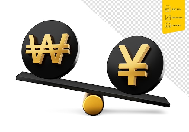 PSD 3d-golden-won- und yen-symbol auf abgerundeten schwarzen ikonen mit 3d-balance-gewicht-seesaw 3d-illustration