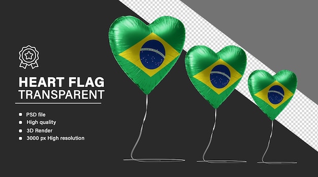 PSD 3d-herzballon mit brasilianischer flagge auf durchsichtigem hintergrund