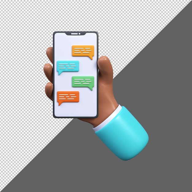 PSD 3d illustrazione di una chat su un telefono cellulare mano con smartphone e chat vocale scambio di sms