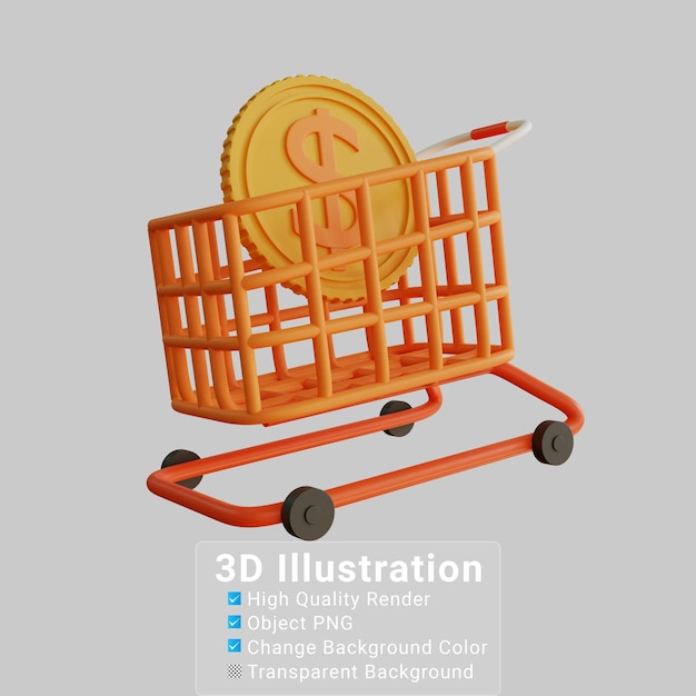 PSD 3d ilustração dinheiro moeda empurrar carrinho de compras