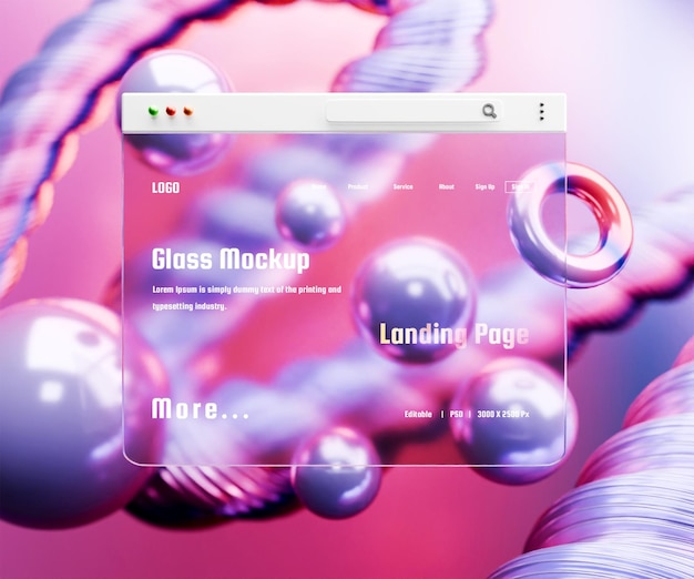 PSD 3d-landing-seiten-mockup mit glasmorphismus-effekt oder 3d-web-interface-präsentationsmockup