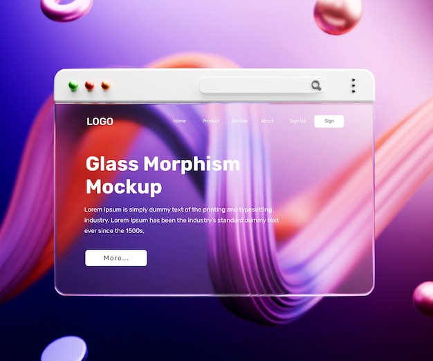 PSD 3d-landingpage-mockup mit glasmorphismus-effekt oder 3d-webinterface-präsentationsmockup