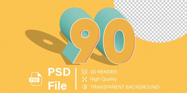 PSD 3d noventa número 90 cor amarela isolada em fundo transparente