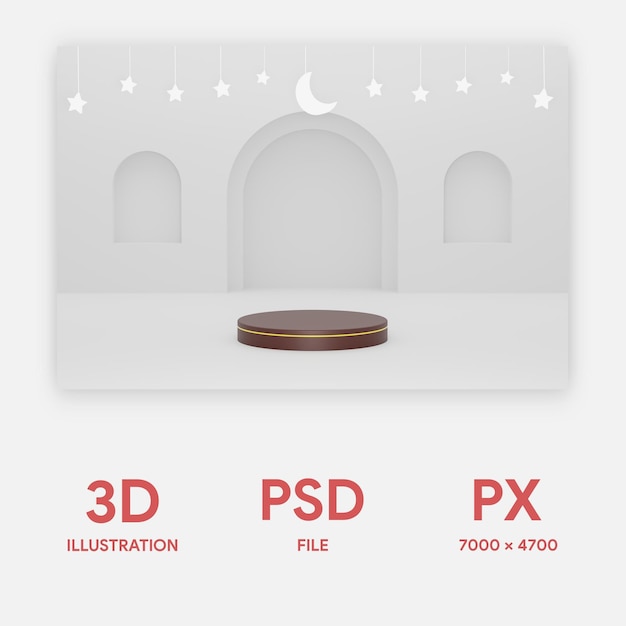 3D-Podium im islamischen Hintergrund der weißen Verzierung des Ramadan mit Sternen und halbmondförmiger weißer Farbe 3d psd