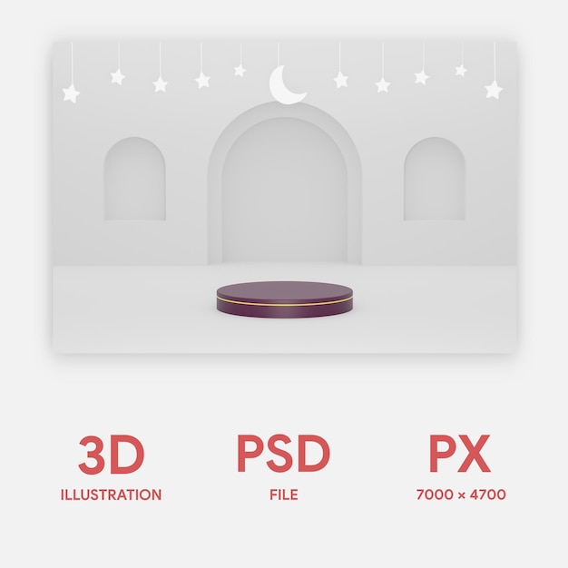 3D-Podium im islamischen Hintergrund der weißen Verzierung des Ramadan mit Sternen und halbmondförmiger weißer Farbe 3d psd