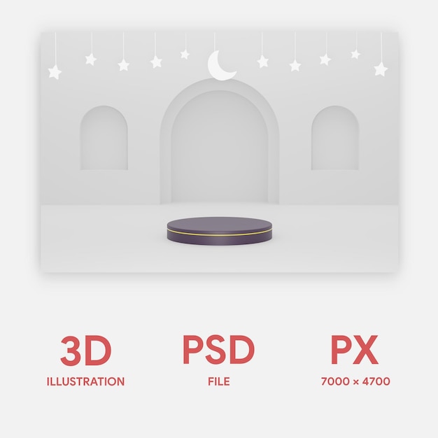 3D-Podium im islamischen Hintergrund der weißen Verzierung des Ramadan mit Sternen und halbmondförmiger weißer Farbe 3d psd