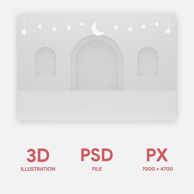 3D Ramadan weißer Ornament islamischer Hintergrund mit Sternen und halbmondförmiger weißer Farbe