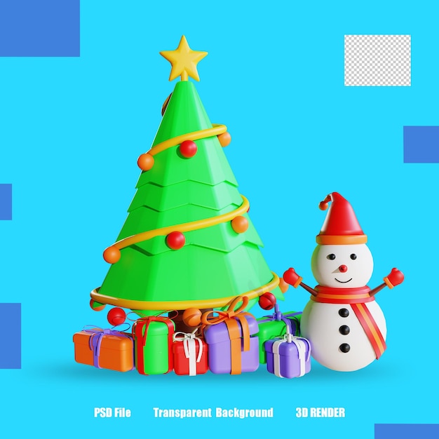 3D RENDER ICON BAUM GESCHENKBOX UND SCHNEEMANN 2