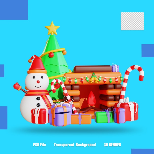 3D RENDER ICON GESCHENKBOX SCHNEEMANN BAUMFEUER