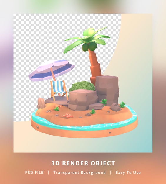 PSD 3d render modelo de ilustração de verão olá com coqueiro e praia de guarda-sol