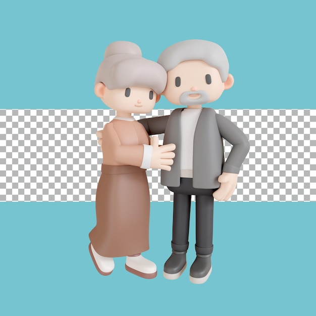 PSD 3d rendering um casal idoso de pé e abraçando-se sorrindo felizmente transparente