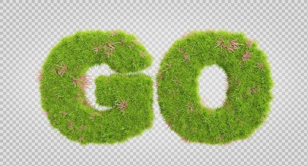 3d-rendering von grasbuchstaben alphabetthe word go