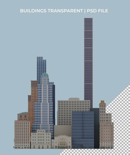 PSD 3d-rendering von low-poly-polygon-gebäuden, wolkenkratzer, nyc, transparent