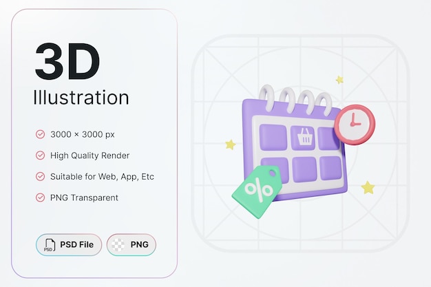 PSD 3d-rendering-zeitplan, shopping-e-commerce-konzept, modernes icon-illustrationsdesign