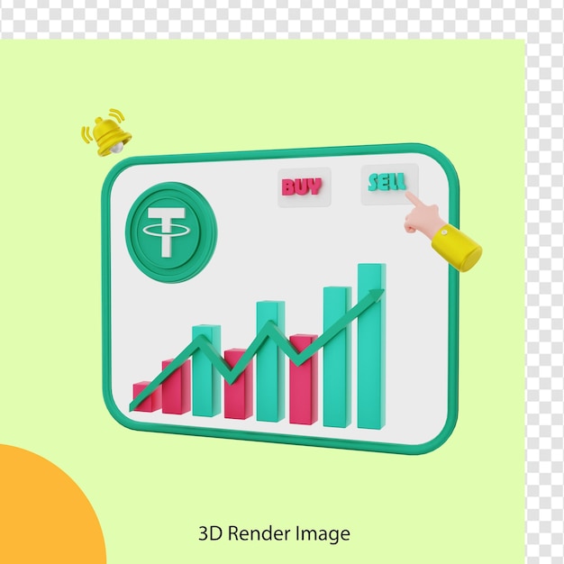 PSD 3d renderização do preço de tether de moedas criptográficas de venda à medida que aumenta