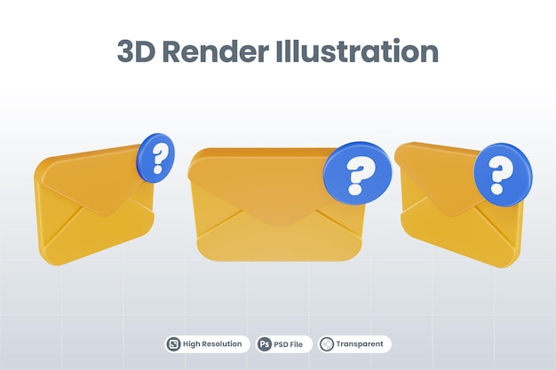 PSD 3d renderizar ícone de ponto de interrogação de correio com correio laranja e ponto de interrogação azul