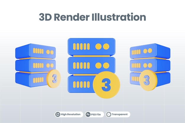 PSD 3d renderizar o ícone do servidor de banco de dados com três ícones isolados