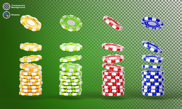 PSD 3d-satz von casino-spiel-chip-stacken, isoliert auf dem hintergrund, realistische darstellung von gelb, grün, rot, blau, farbe, münzen, geldmarken, die auf stapel fallen, gewinnung von sportwetten, glücksspiel-ikonen