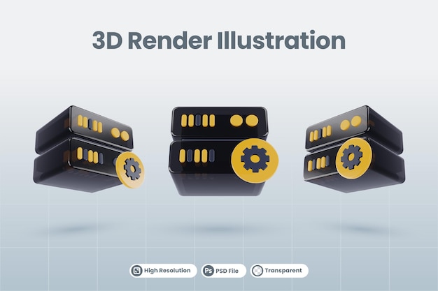 PSD 3d-server-datenbank-illustration mit 3d-gangeinstellungssymbol render isoliert